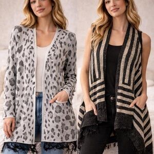 Bundle Offer | 2 NWT Cardigans – Leopard + Geometric Vest | Size L | MSRP $120